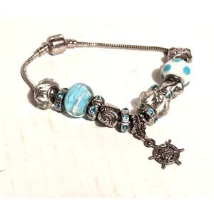 Silvertone Charm Bracelet 8.5" Base with 14 Blue & Silver Beachy Sea Life Charms